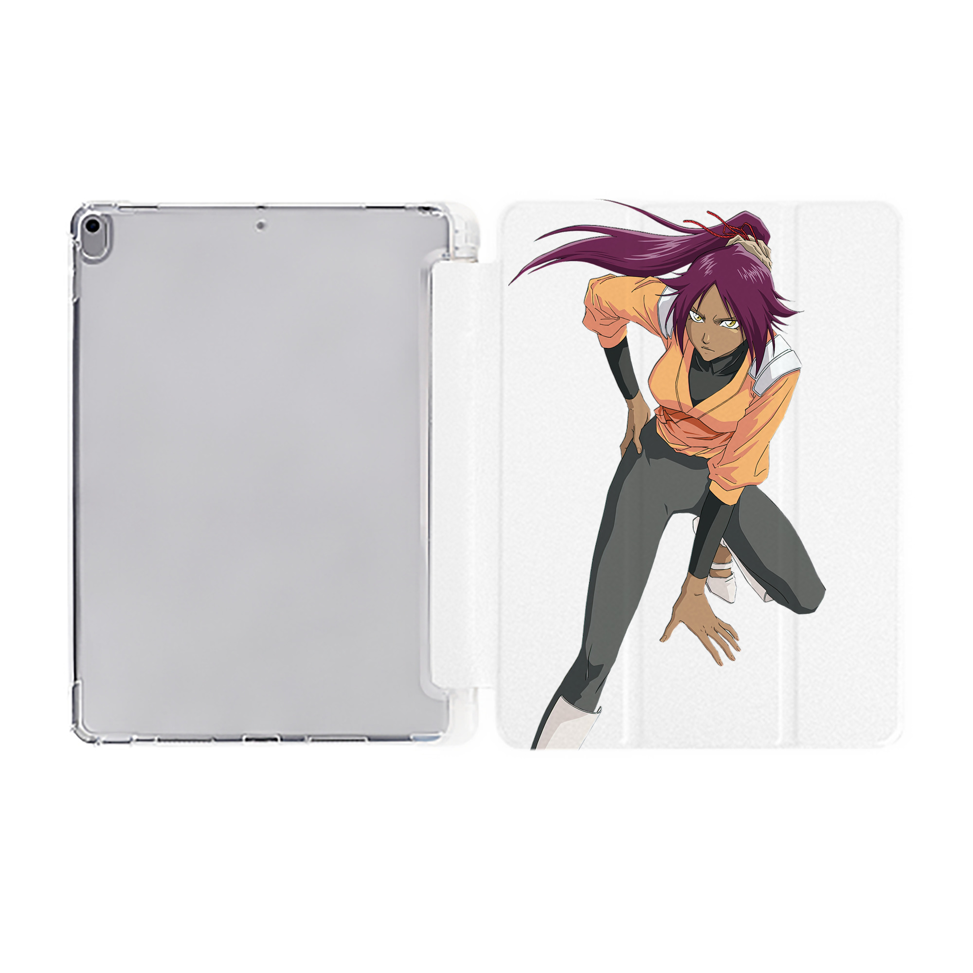 （画像用） ブリーチ 四楓院 夜一（しほういん よるいち） BLEACH Shihouin Yoruichi IPad ケース ペン収納付き 三つ折りスタンド PUレザー×シリコン 対応機種9.5/10.5/10.9インチ